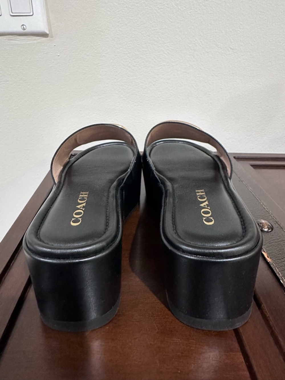 Coach Black Platform Slide Sandals with Gold Hardware - Picture 3 of 4